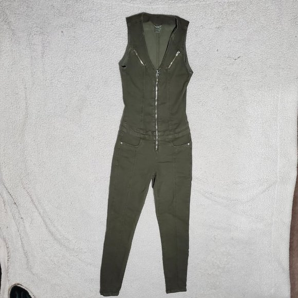 Sexy GUESS Women's Cara Zip-Front Denim Jumpsuit - Army Olive - XS - Picture 4 of 16